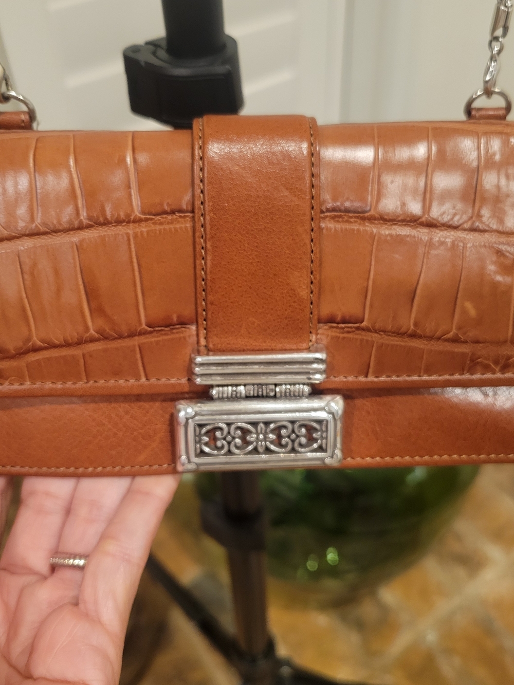 Brighton Croc-Embossed Brown Mini Shoulder Bag with Silver Accent